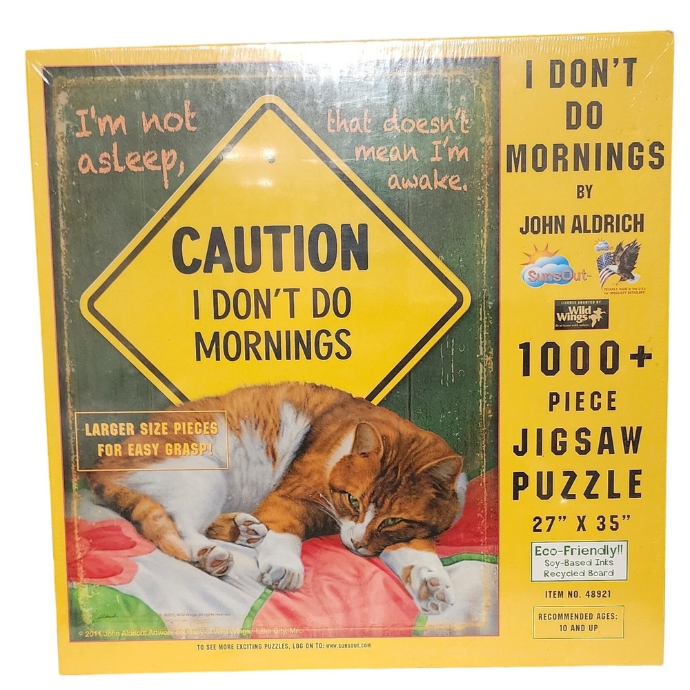 Sealed Caution I Dont Do Mornings 1000+ Piece Jigsaw Puzzle John Aldrich Cat